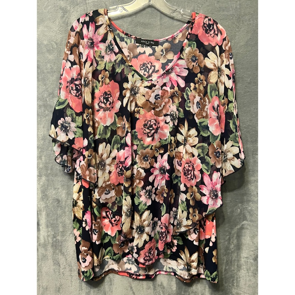 Adele & May Floral Chiffon Overlay Blouse Plus Size Boho Flutter Sleeve Top 2x